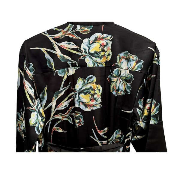 SOMA Satin Kimono Robe Impressions Floral Black Midi Wide Flowy Sleeves Sz S/M - Picture 7 of 11